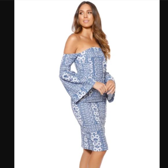 NEW - ELLIATT - Manet Midi Strapless Dress in Blue and White - Picture 2 of 8